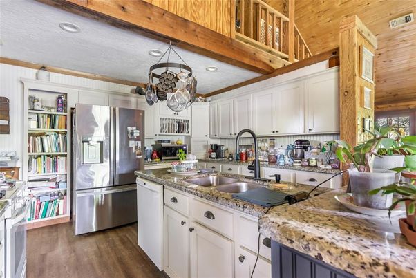 Interior, Kitchen, Recessed Lighting, Stainless Steel Appliances, Wooden Beams, Wooden Ceilings, Wood Texture Flooring