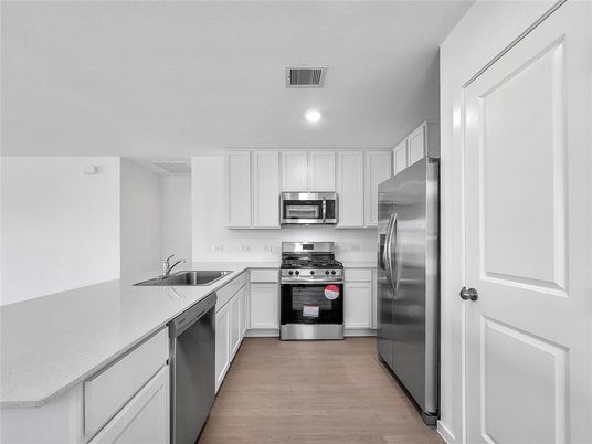 Interior, Kitchen, Recessed Lighting, Stainless Steel Appliances, Wood Texture Flooring