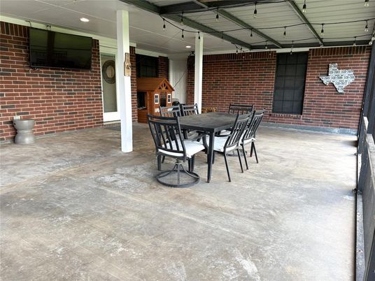 Dining room, Exterior, Recessed Lighting, Stone Walls