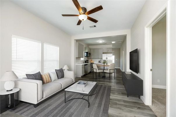 Dining room, Interior, Kitchen, Living room, Stainless Steel Appliances, Wood Texture Flooring