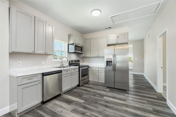 Interior, Kitchen, Stainless Steel Appliances, Wood Texture Flooring