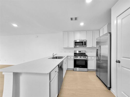 Interior, Kitchen, Recessed Lighting, Stainless Steel Appliances, Wood Texture Flooring