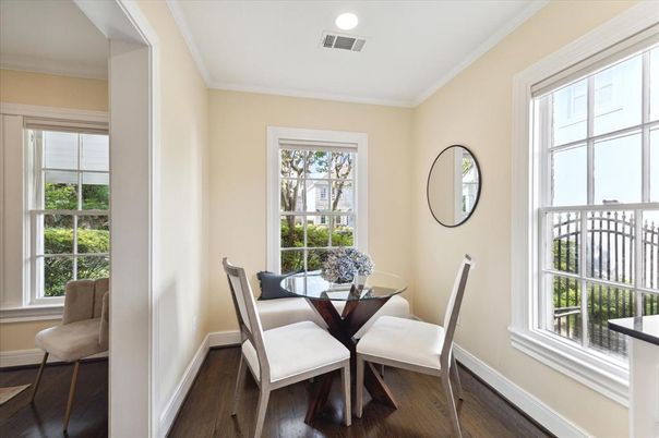 Dining room, Interior, Recessed Lighting, Wood Texture Flooring