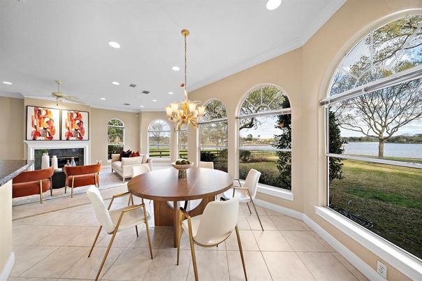 Chandelier, Dining room, Fireplace, Interior, Living room, Recessed Lighting, Water