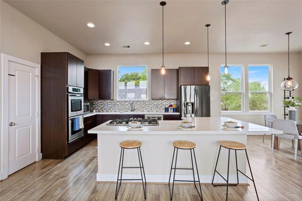 Interior, Kitchen, Pendant Lights, Recessed Lighting, Stainless Steel Appliances, Wood Texture Flooring