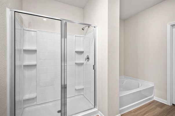 Bathroom, Glass Shower, Interior, Recessed Lighting, Wood Texture Flooring