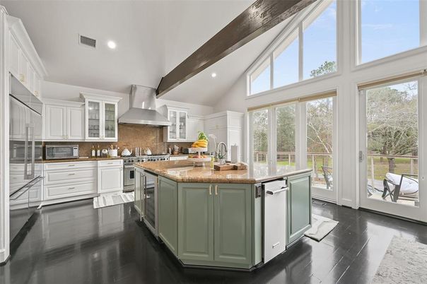 Interior, Kitchen, Recessed Lighting, Stainless Steel Appliances, Wooden Beams, Wood Texture Flooring