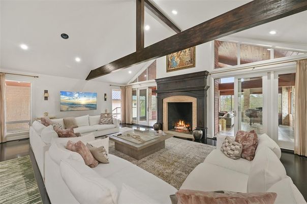 Fireplace, Interior, Living room, Recessed Lighting, Wooden Beams