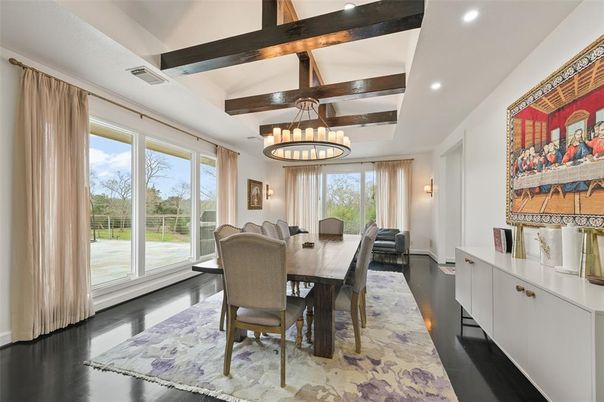 Chandelier, Dining room, Interior, Recessed Lighting, Wooden Beams, Wood Texture Flooring