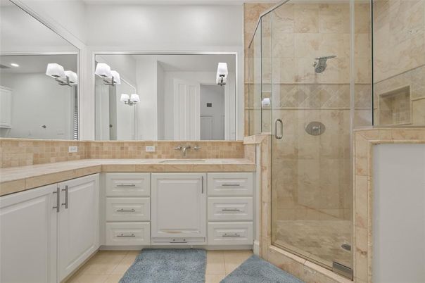 Bathroom, Glass Shower, Interior, Recessed Lighting, Tile Countertops