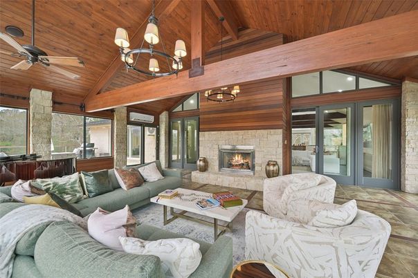 Chandelier, Fireplace, Interior, Living room, Pendant Lights, Recessed Lighting, Stone Walls, Wooden Beams, Wooden Ceilings