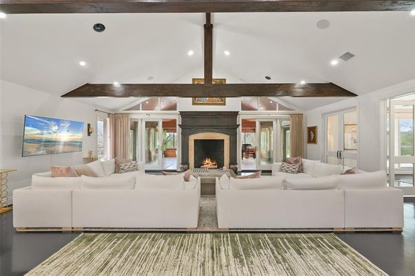 Fireplace, Interior, Living room, Recessed Lighting, Wooden Beams