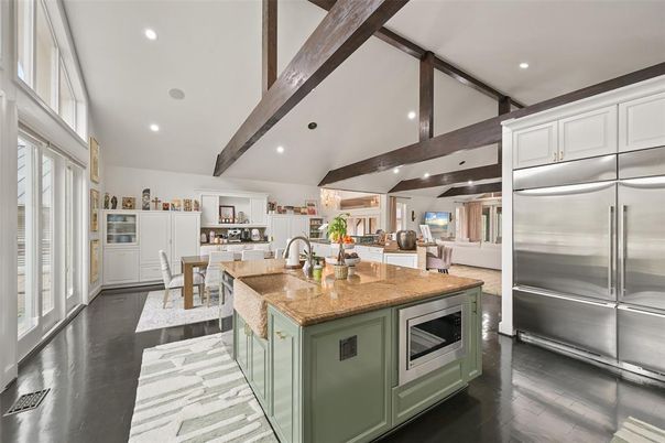 Dining room, Interior, Kitchen, Recessed Lighting, Stainless Steel Appliances, Wooden Beams, Wood Texture Flooring