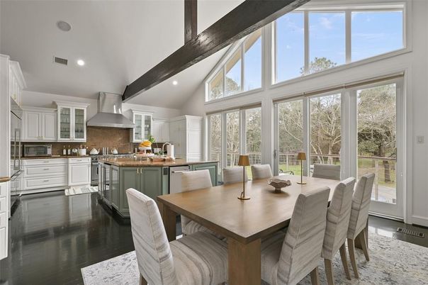 Dining room, Interior, Kitchen, Recessed Lighting, Wooden Beams, Wood Texture Flooring
