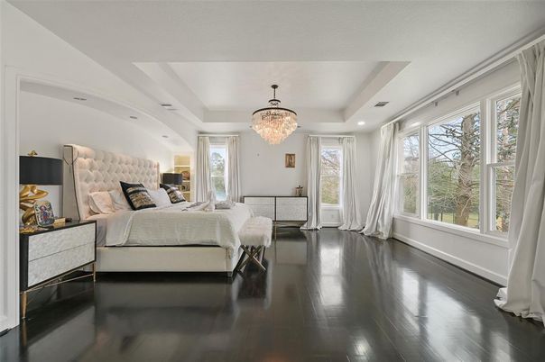 Bedroom, Chandelier, Interior, Recessed Lighting, Wood Texture Flooring
