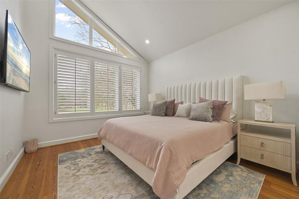 Bedroom, Interior, Recessed Lighting, Wood Texture Flooring