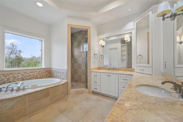 Bathroom, Dual Sink Vanities, Glass Shower, Interior, Recessed Lighting