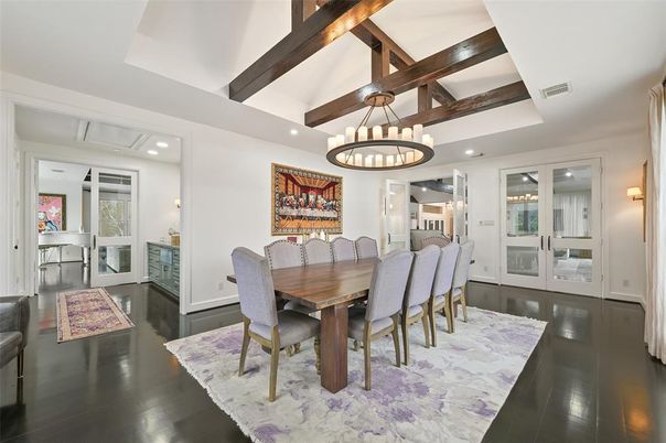 Chandelier, Dining room, Interior, Recessed Lighting, Wooden Beams