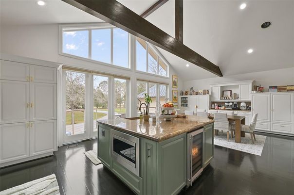 Dining room, Interior, Kitchen, Recessed Lighting, Wooden Beams, Wood Texture Flooring