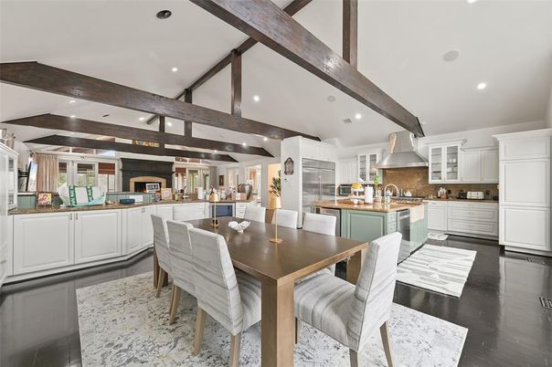 Dining room, Interior, Kitchen, Recessed Lighting, Wooden Beams, Wood Texture Flooring