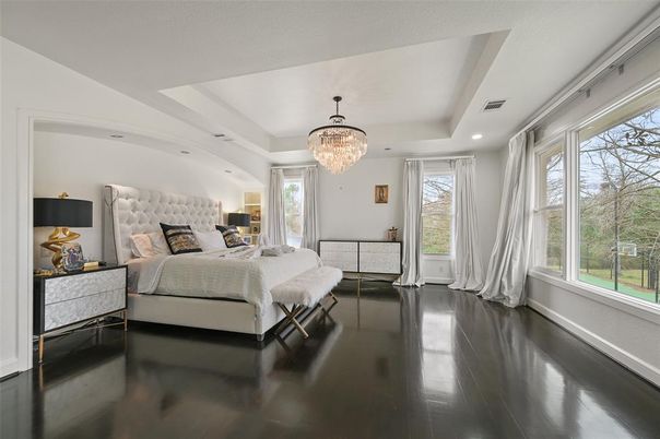 Bedroom, Chandelier, Interior, Recessed Lighting, Wood Texture Flooring