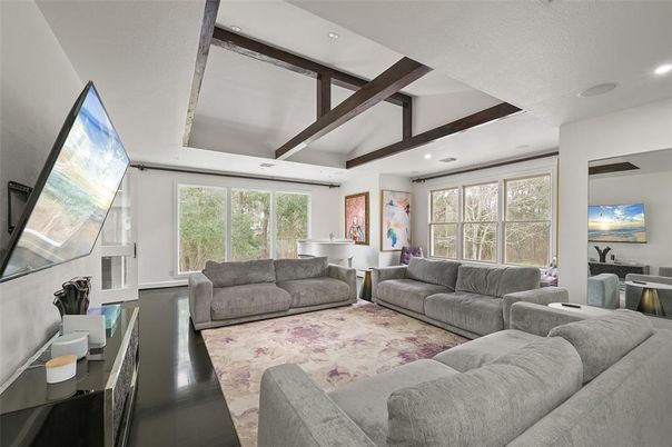 Interior, Living room, Recessed Lighting, Wooden Beams