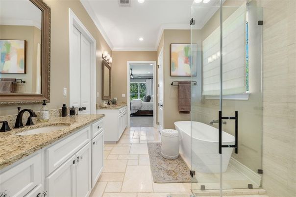 Bathroom, Bedroom, Dual Sink Vanities, Free Standing Baths, Glass Shower, Interior, Recessed Lighting