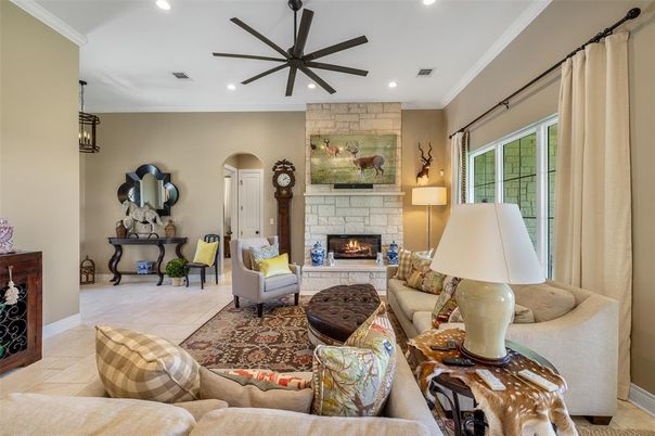 Fireplace, Interior, Living room, Pendant Lights, Recessed Lighting, Stone Walls