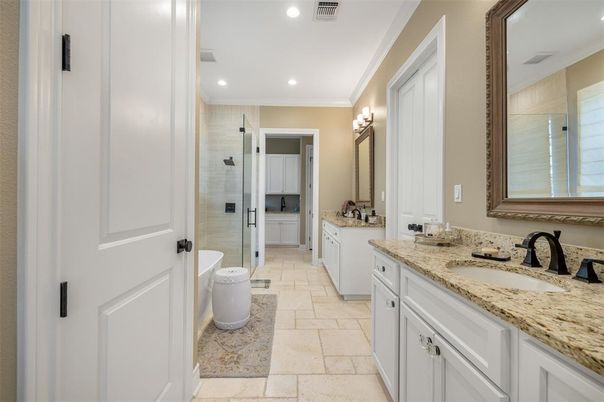 Bathroom, Dual Sink Vanities, Glass Shower, Interior, Recessed Lighting