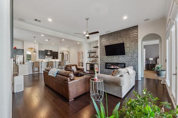 Fireplace, Interior, Kitchen, Living room, Pendant Lights, Recessed Lighting, Stone Walls, Wood Texture Flooring