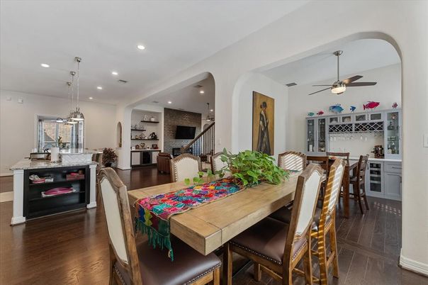 Dining room, Interior, Pendant Lights, Recessed Lighting, Wood Texture Flooring