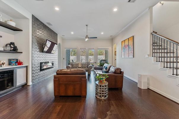 Fireplace, Interior, Living room, Recessed Lighting, Wood Texture Flooring