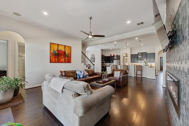 Fireplace, Interior, Kitchen, Living room, Pendant Lights, Recessed Lighting, Wood Texture Flooring