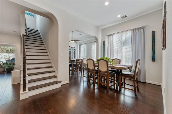 Dining room, Interior, Recessed Lighting, Wood Texture Flooring