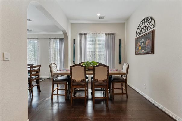 Dining room, Interior, Recessed Lighting, Wood Texture Flooring