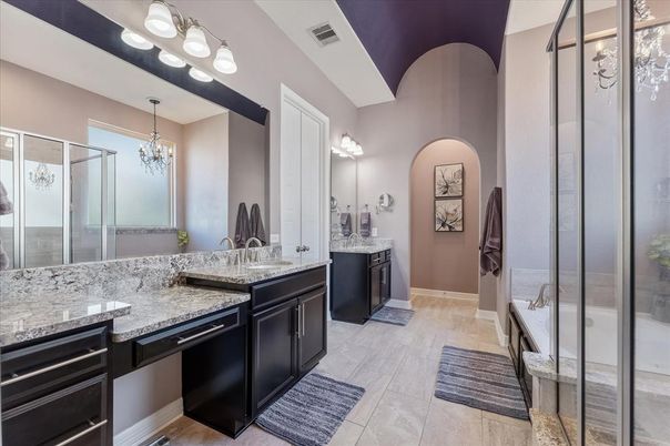 Bathroom, Chandelier, Dual Sink Vanities, Glass Shower, Interior