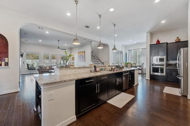 Interior, Kitchen, Pendant Lights, Recessed Lighting, Stainless Steel Appliances, Wood Texture Flooring