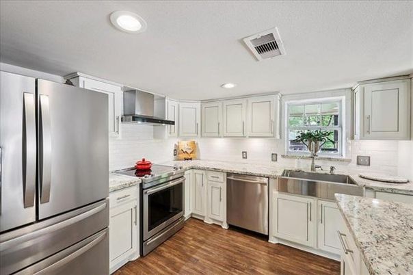 Interior, Kitchen, Recessed Lighting, Stainless Steel Appliances, Wood Texture Flooring
