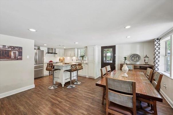 Dining room, Interior, Kitchen, Recessed Lighting, Stainless Steel Appliances, Wood Texture Flooring