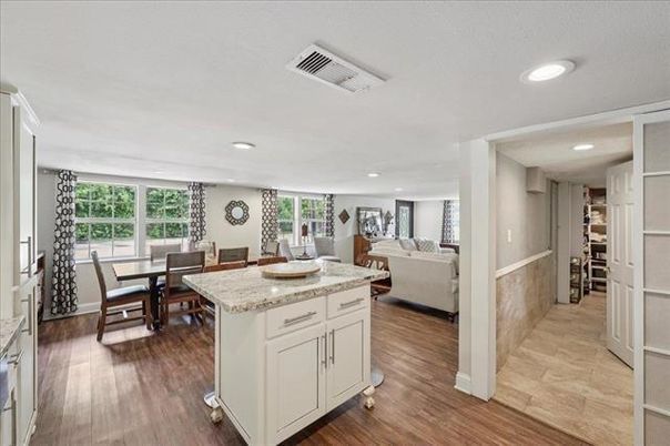 Dining room, Interior, Kitchen, Living room, Recessed Lighting, Wood Texture Flooring