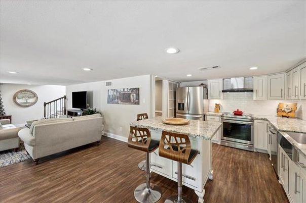 Interior, Kitchen, Living room, Recessed Lighting, Stainless Steel Appliances, Wood Texture Flooring