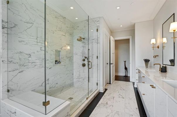 Bathroom, Glass Shower, Interior, Marble, Marble Walls, Recessed Lighting