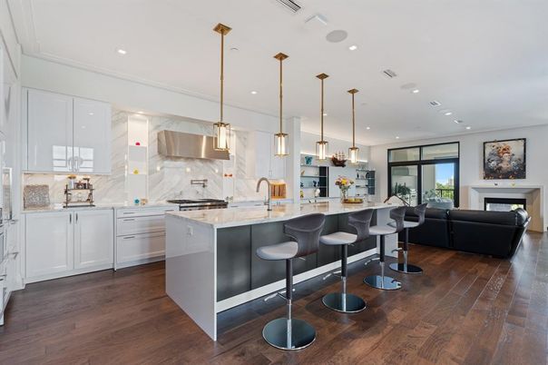 Interior, Kitchen, Living room, Marble Walls, Pendant Lights, Recessed Lighting, Stainless Steel Appliances, Wood Texture Flooring
