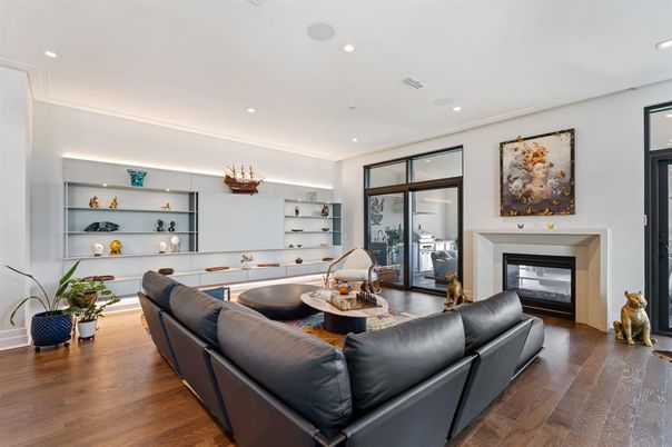Fireplace, Interior, Living room, Recessed Lighting, Wood Texture Flooring