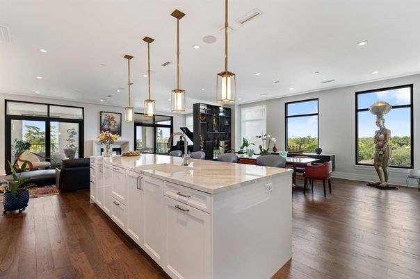 Dining room, Interior, Kitchen, Living room, Pendant Lights, Recessed Lighting, Wood Texture Flooring