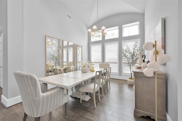 Dining room, Interior, Pendant Lights, Wood Texture Flooring