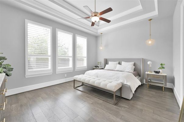 Bedroom, Interior, Pendant Lights, Wood Texture Flooring