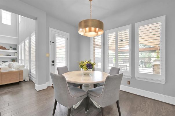 Dining room, Interior, Pendant Lights, Wood Texture Flooring