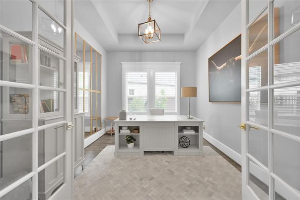 Home Office, Interior, Pendant Lights, Wood Texture Flooring