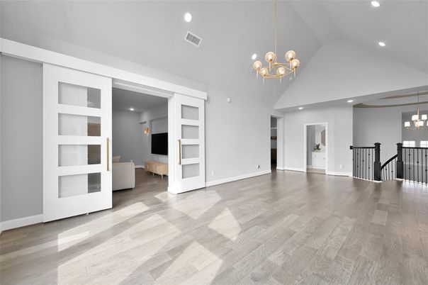 Chandelier, Empty room, Interior, Pendant Lights, Recessed Lighting, Wood Texture Flooring